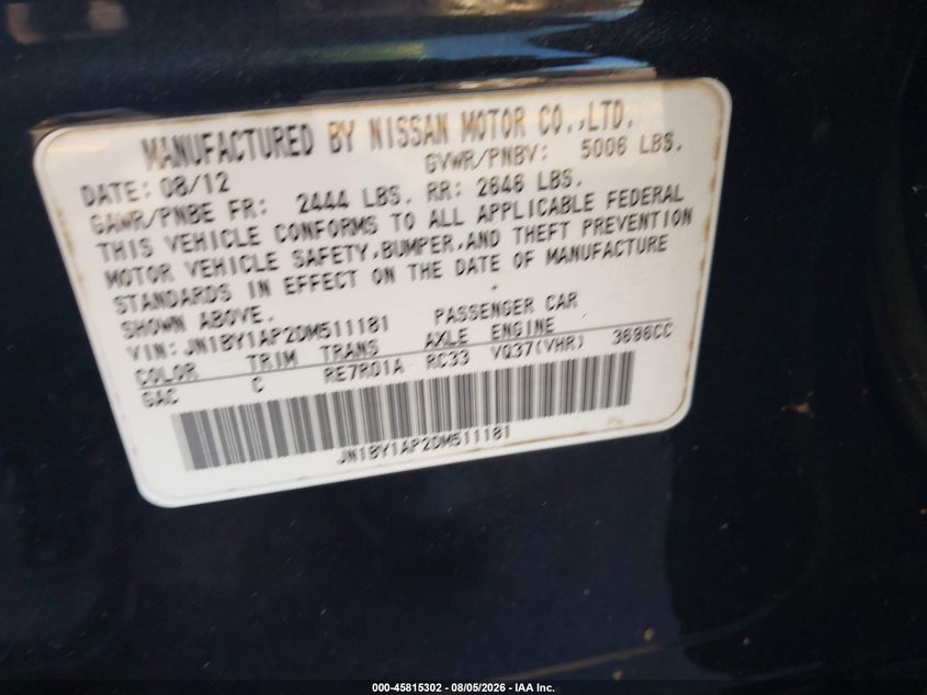 INFINITI M37 2013 VIN JN1BY1AP2DM511181