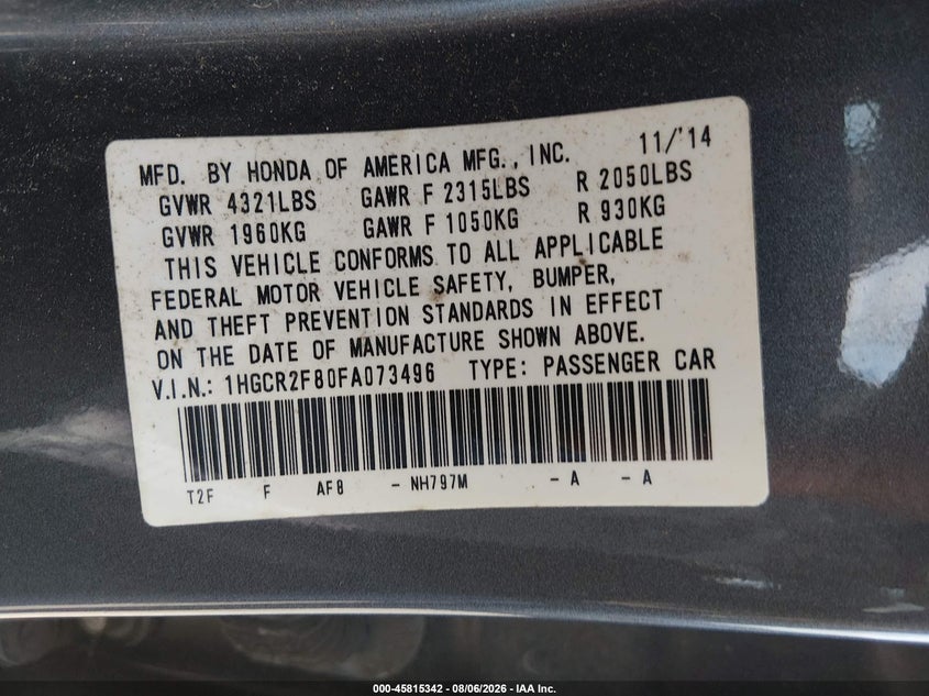 2015 HONDA ACCORD SEDAN 2.4L I-4 DI, DOHC, VVT, 185HP