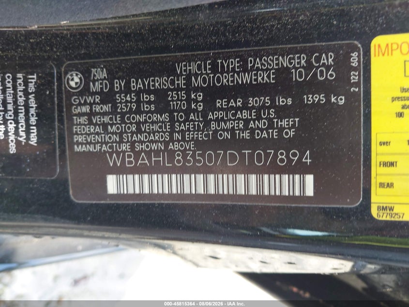 2007 BMW 7ER SEDAN 4.4L V8 FI DOHC 32V F4
