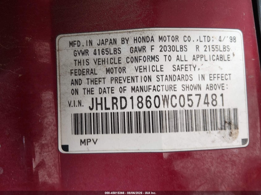 1998 HONDA CR-V SPORT UTILITY VEHICLE 2.0L I-4 DOHC, 126HP