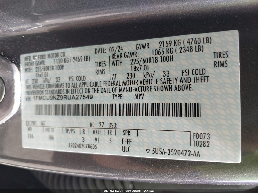 2024 FORD ESCAPE SPORT UTILITY VEHICLE 2.5L I-4 DOHC, VVT, 163HP