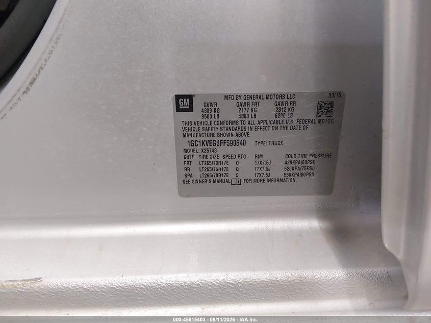 CHEVROLET SILVERADO 2500HD BUILT AFTER AUG 14 2015 VIN 1GC1KVEG3FF590640