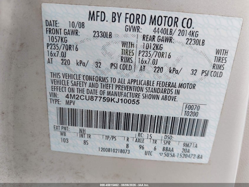 MERCURY MARINER 2009 VIN 4M2CU87759KJ10055