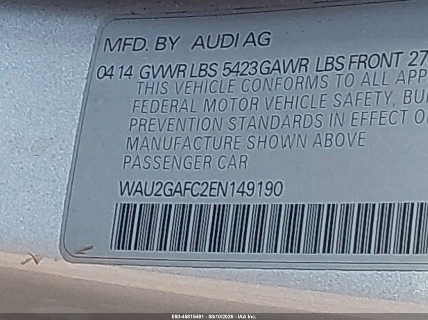 AUDI A7 2014 VIN WAU2GAFC2EN149190