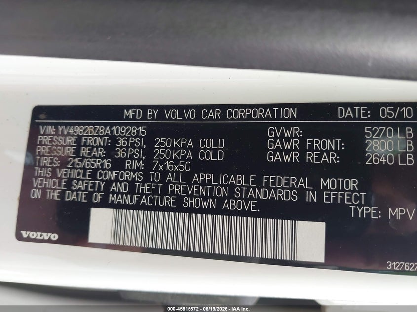 VOLVO XC70 2010 VIN YV4982BZ8A1092815
