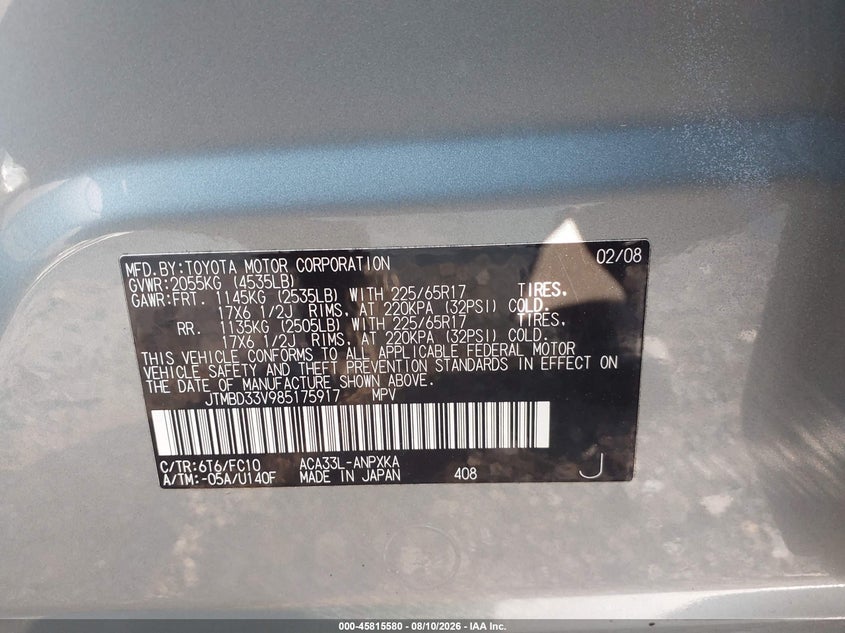 2008 TOYOTA RAV 4 SPORT UTILITY VEHICLE 2.4L I-4 DOHC, VVT, 166HP