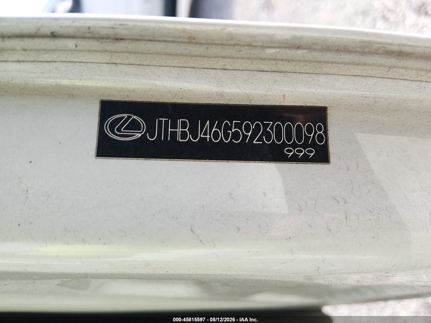 LEXUS ES 350 2009 VIN JTHBJ46G592300098