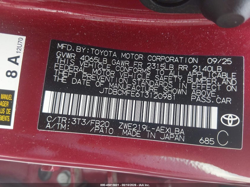 TOYOTA COROLLA HYBRID 2026 VIN JTDBCMFE6T3120981