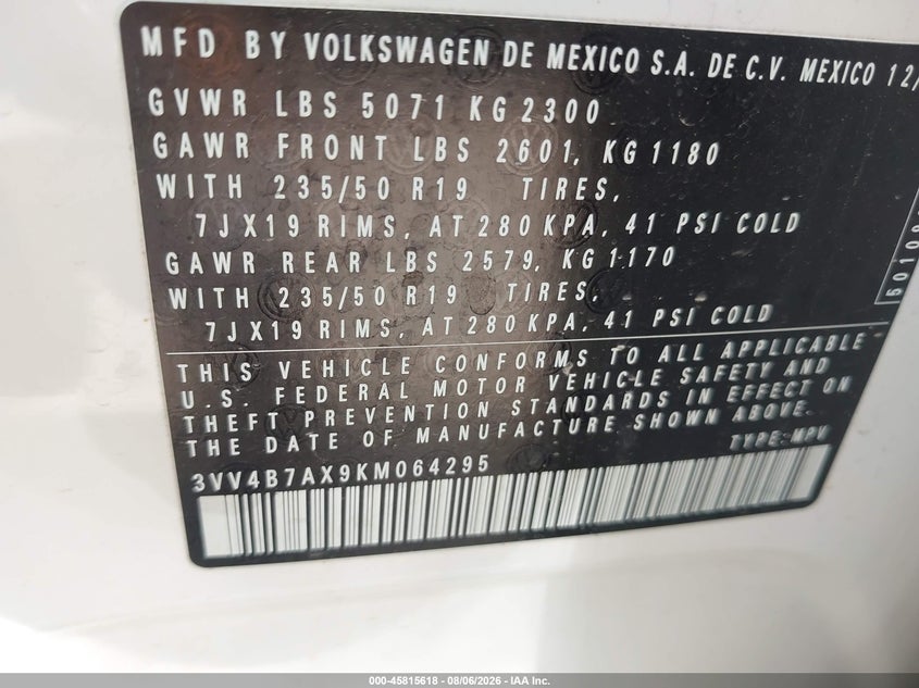 VOLKSWAGEN TIGUAN 2019 VIN 3VV4B7AX9KM064295