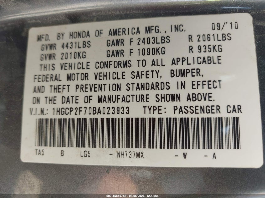 2011 HONDA ACCORD SEDAN 2.4L I-4 DOHC, VVT, 190HP