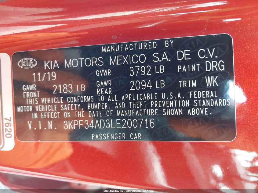 2020 KIA FORTE SEDAN 2.0L I-4 DOHC, VVT, 147HP