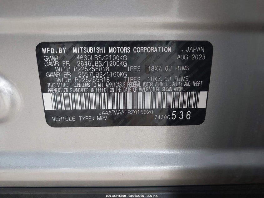 MITSUBISHI ECLIPSE CROSS 2024 VIN JA4ATWAA1RZ015020