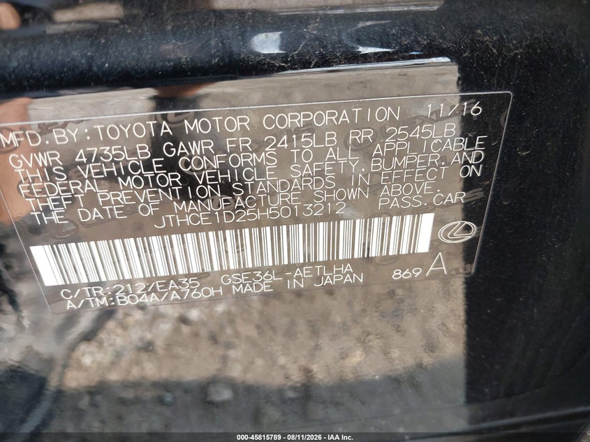 LEXUS IS 350 2017 VIN JTHCE1D25H5013212