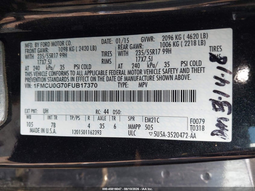 FORD ESCAPE 2015 VIN 1FMCU0G70FUB17370
