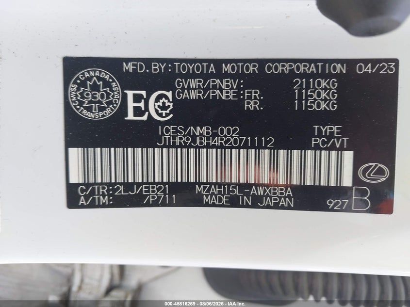 LEXUS UX 250H 2024 VIN JTHR9JBH4R2071112
