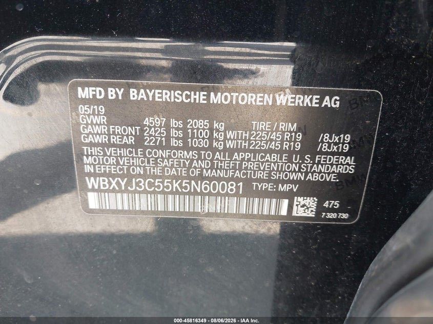 BMW X2 2019 VIN WBXYJ3C55K5N60081
