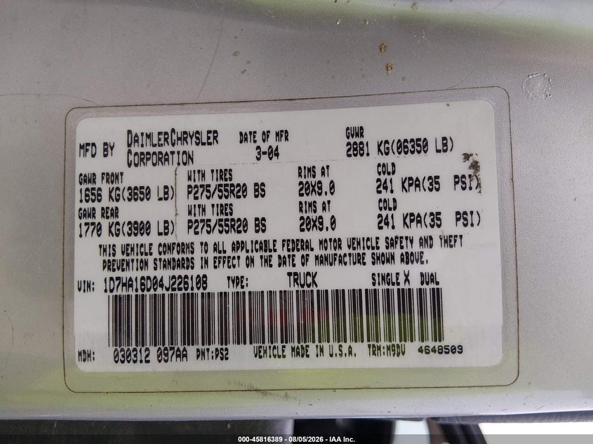 DODGE RAM 1500 2004 VIN 1D7HA16D04J226108