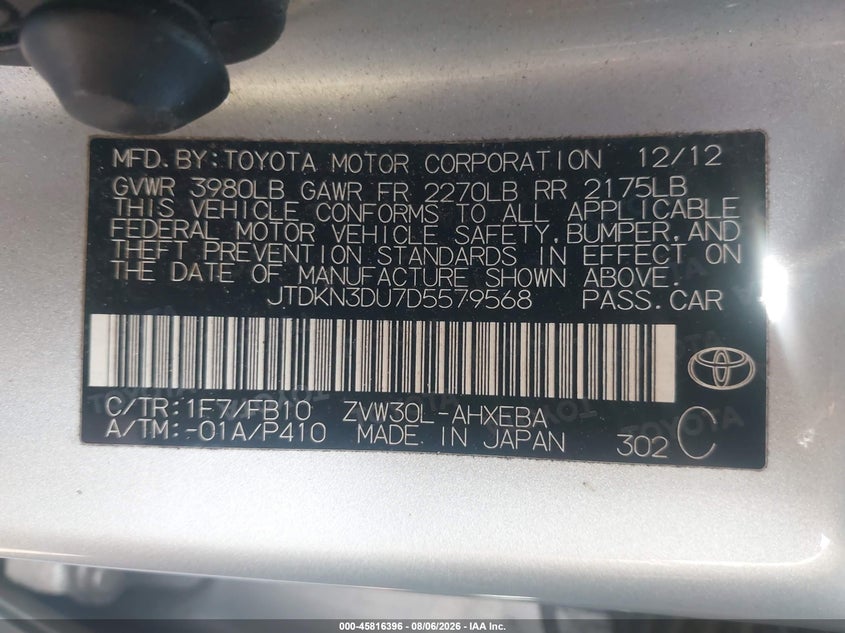 TOYOTA PRIUS 2013 VIN JTDKN3DU7D5579568