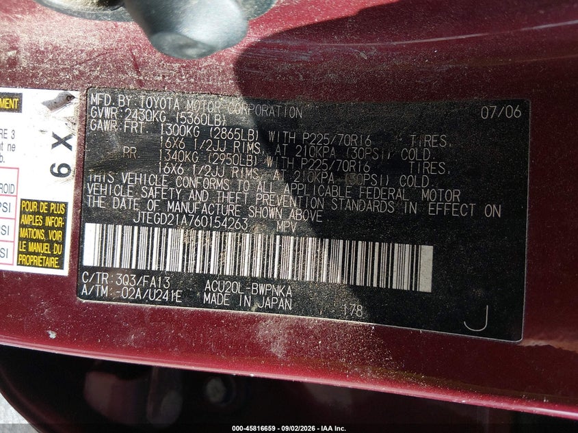 TOYOTA HIGHLANDER 2006 VIN JTEGD21A760154263