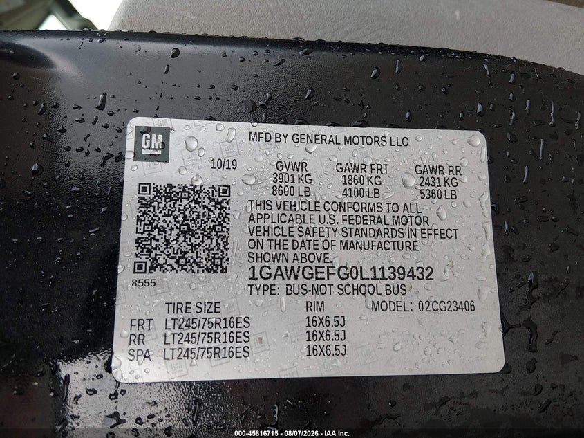 CHEVROLET EXPRESS PASSENGER 2020 VIN 1GAWGEFG0L1139432