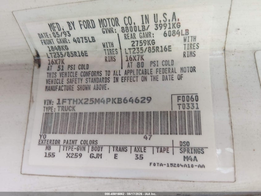 FORD F250 1993 VIN 1FTHX25M4PKB64629