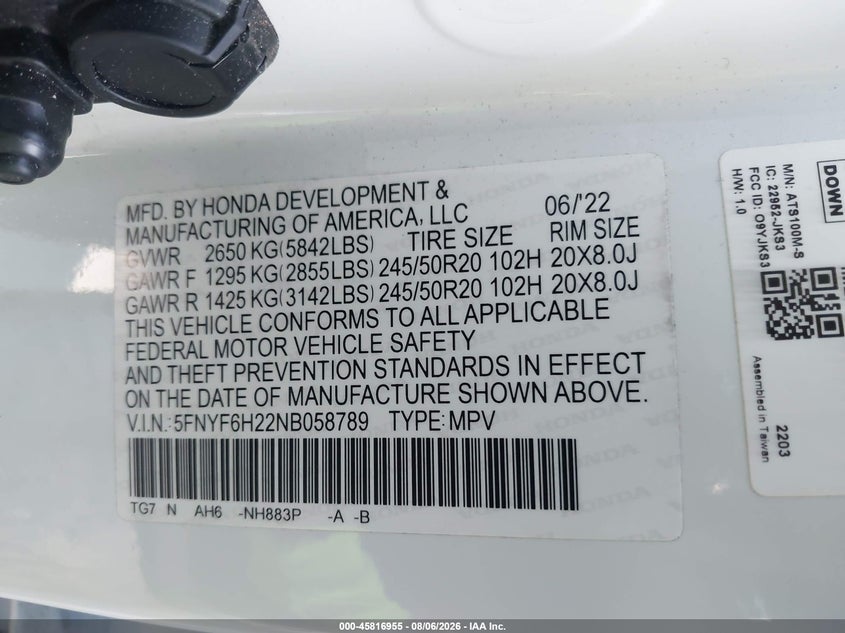 HONDA PILOT 2022 VIN 5FNYF6H22NB058789