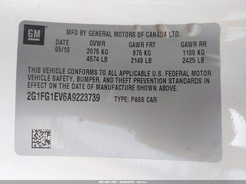 CHEVROLET CAMARO 2010 VIN 2G1FG1EV6A9223739