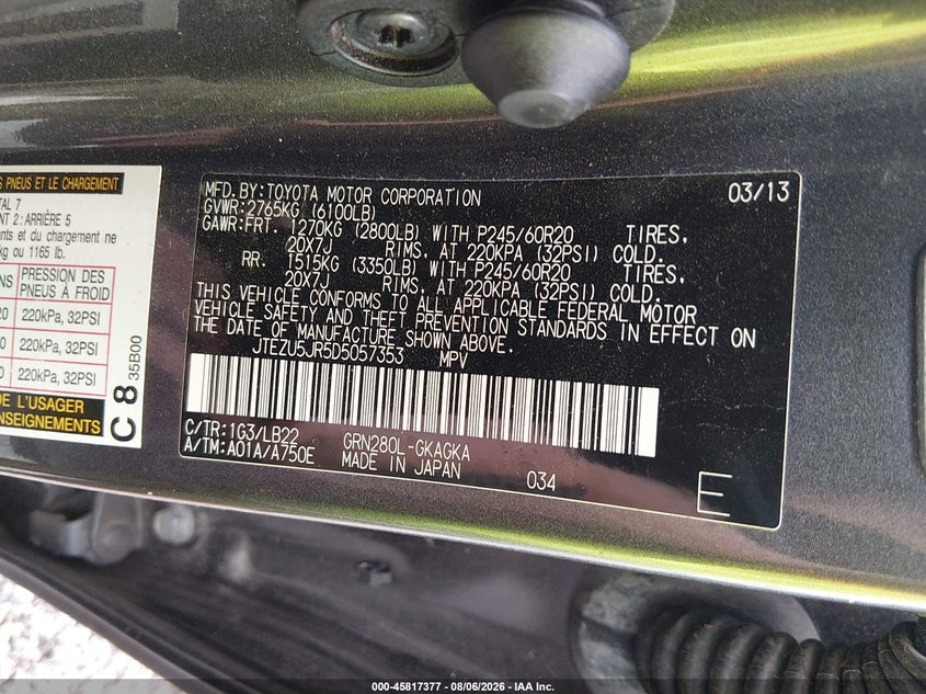 TOYOTA 4RUNNER 2013 VIN JTEZU5JR5D5057353