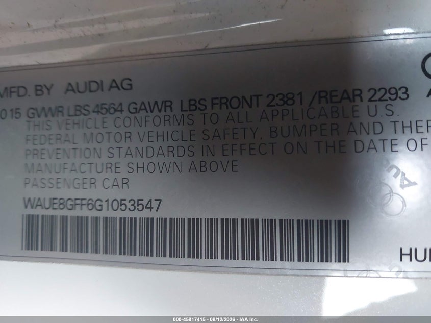 AUDI A3 2016 VIN WAUE8GFF6G1053547