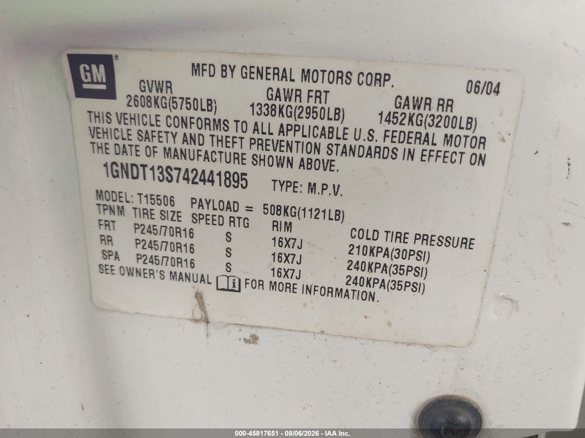 CHEVROLET TRAILBLAZER 2004 VIN 1GNDT13S742441895