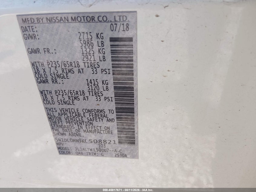 INFINITI QX60 2019 VIN 5N1DL0MN9KC508821