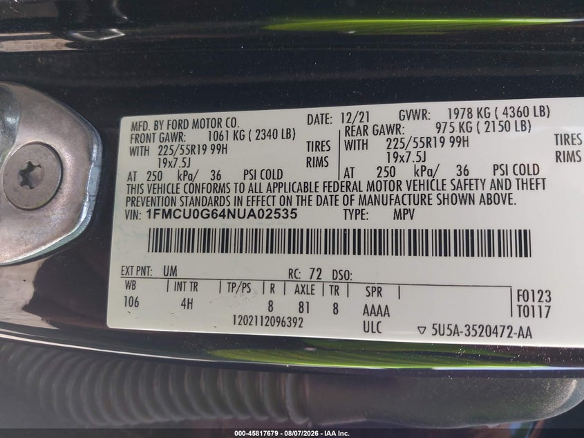 FORD ESCAPE 2022 VIN 1FMCU0G64NUA02535