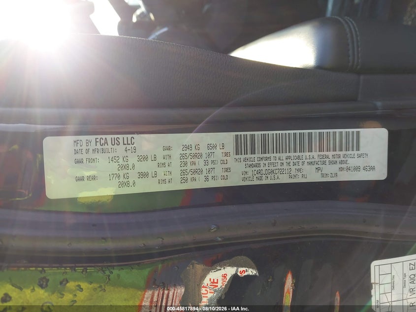 DODGE DURANGO 2019 VIN 1C4RDJDG0KC722112
