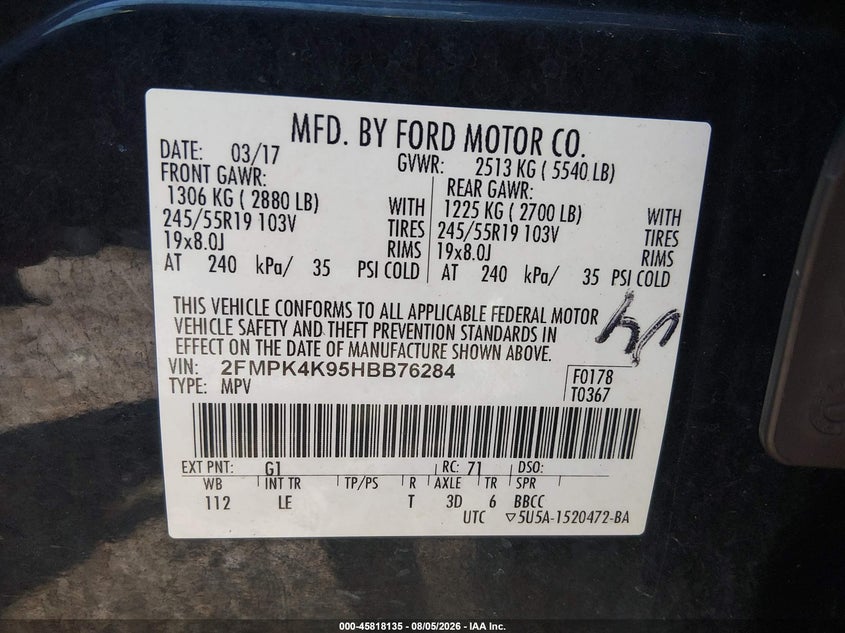 FORD EDGE 2017 VIN 2FMPK4K95HBB76284