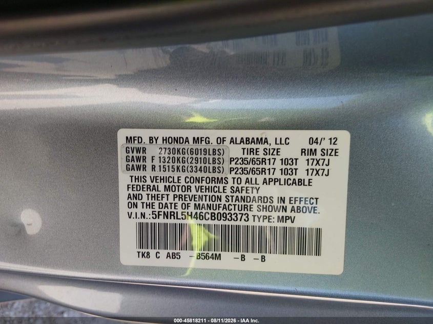 2012 HONDA ODYSSEY VAN 3.5L V-6 VVT, 248HP