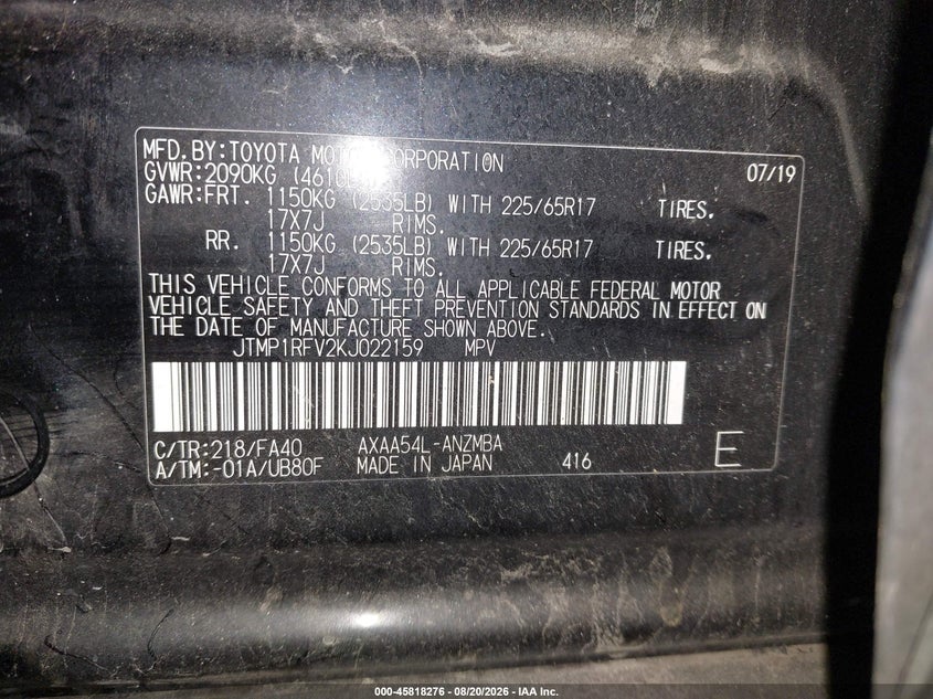 TOYOTA RAV4 2019 VIN JTMP1RFV2KJ022159