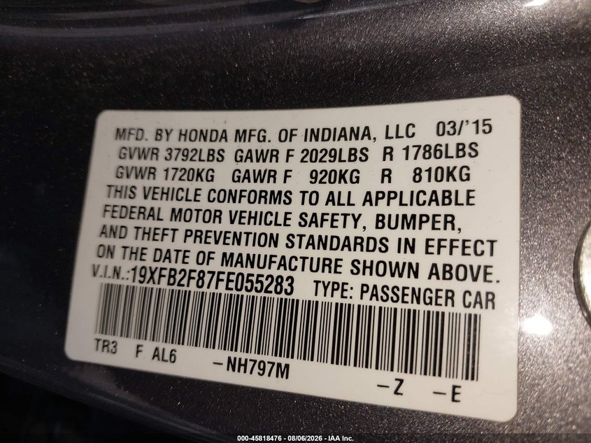 2015 HONDA CIVIC SEDAN 1.8L I-4 VVT, REGULAR , 143HP