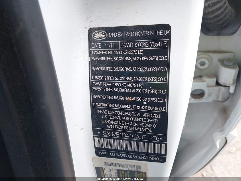 LAND-ROVER RANGE ROVER 2012 VIN SALME1D41CA371276