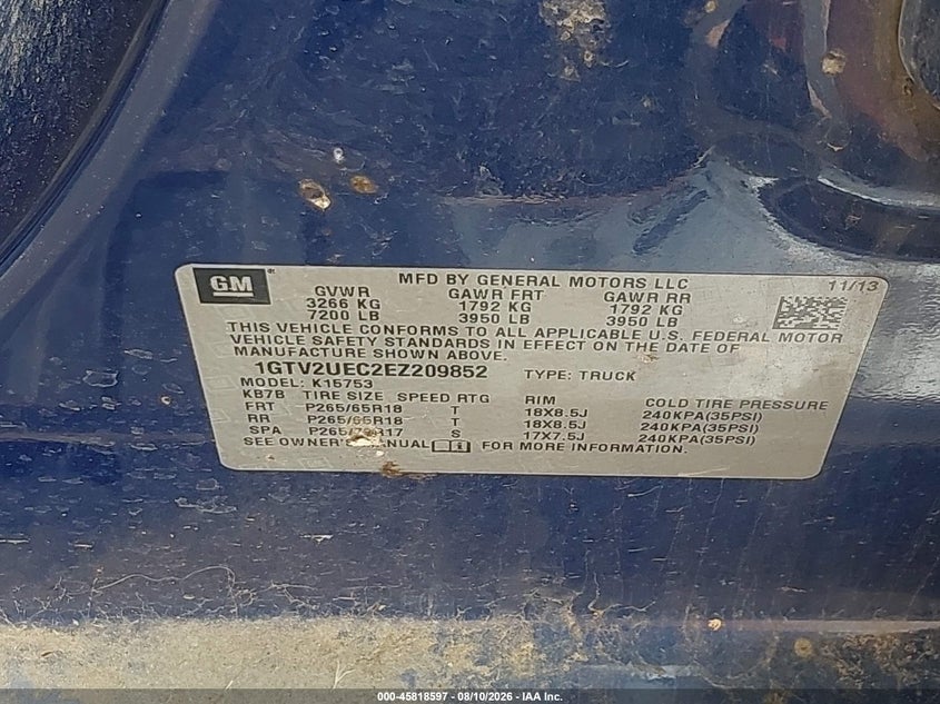 GMC SIERRA 1500 2014 VIN 1GTV2UEC2EZ209852