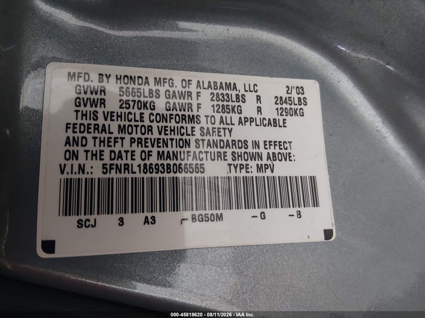 HONDA ODYSSEY 2003 VIN 5FNRL18693B066565