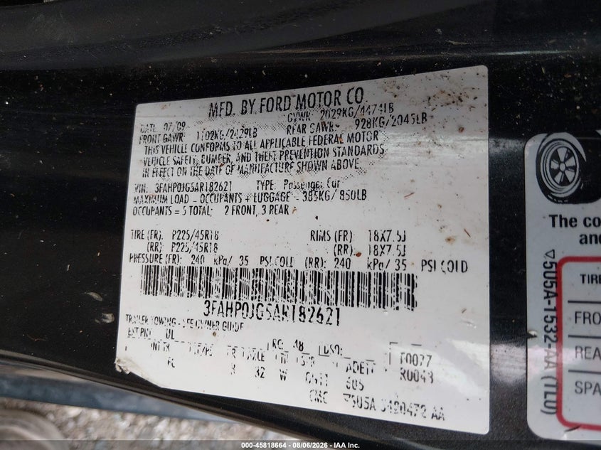FORD FUSION 2010 VIN 3FAHP0JG5AR182621