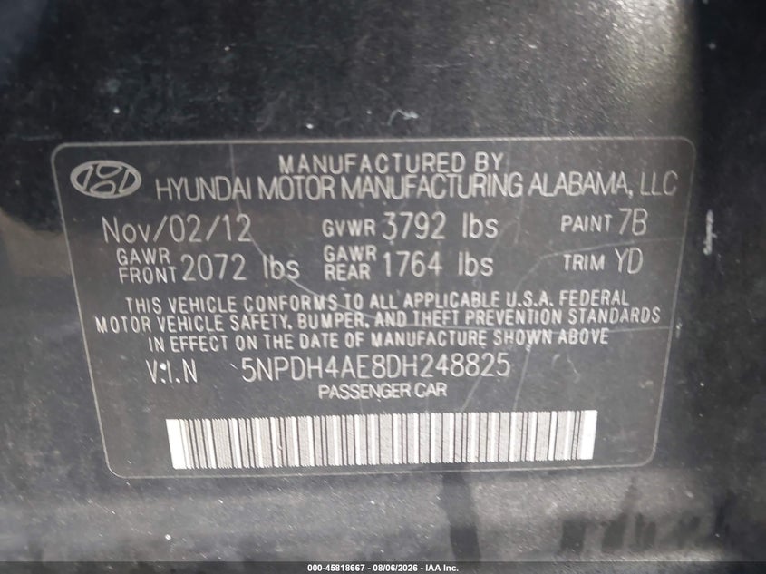 HYUNDAI ELANTRA 2013 VIN 5NPDH4AE8DH248825