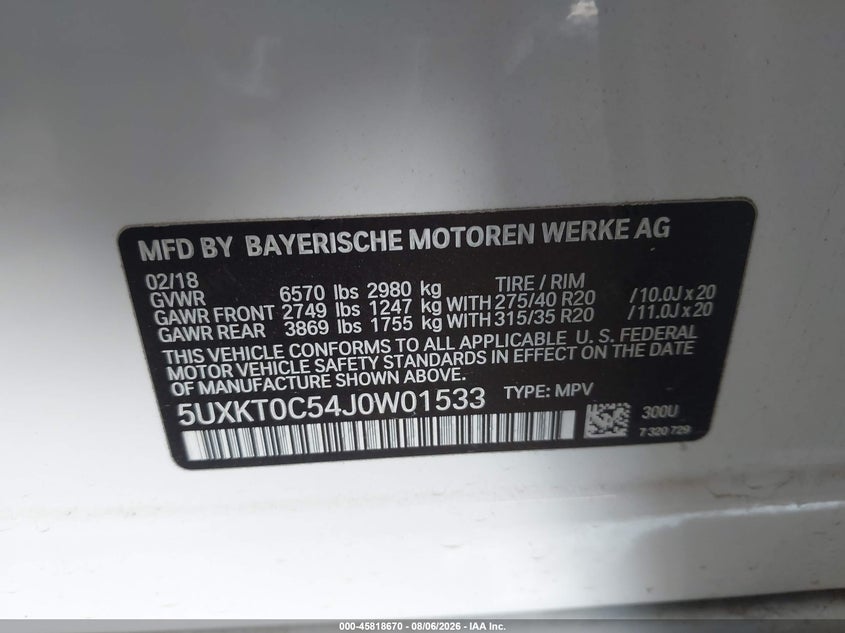 BMW X5 EDRIVE 2018 VIN 5UXKT0C54J0W01533