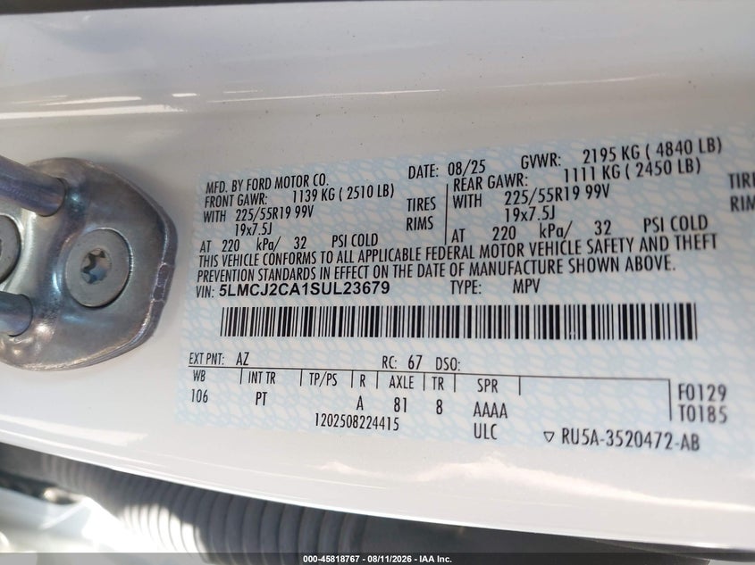 LINCOLN CORSAIR 2025 VIN 5LMCJ2CA1SUL23679