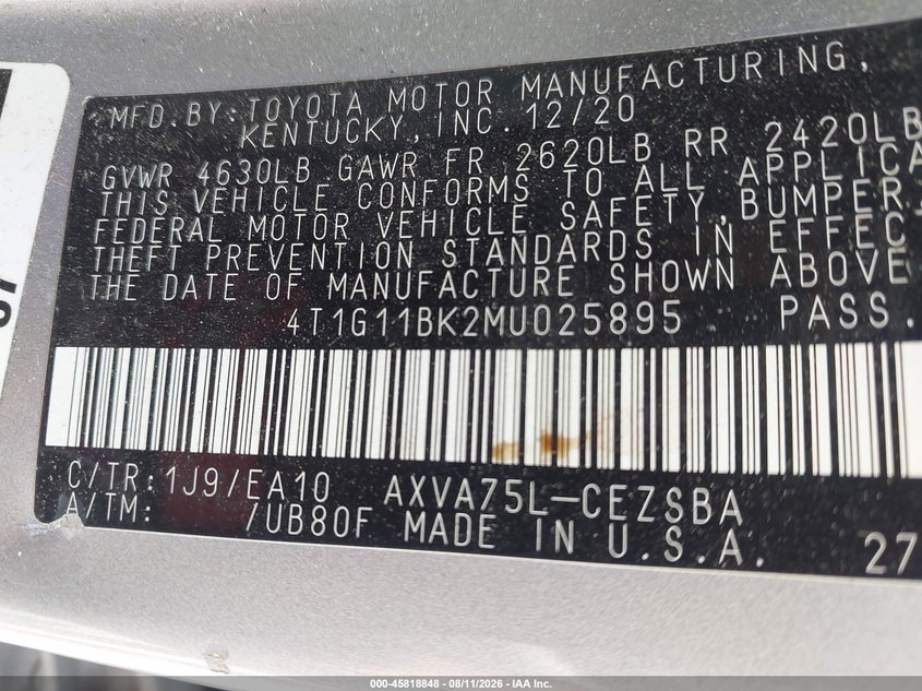TOYOTA CAMRY 2021 VIN 4T1G11BK2MU025895