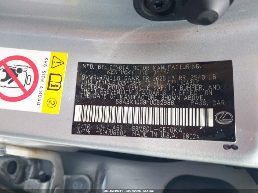 2017 LEXUS ES SEDAN 3.5L V-6 DOHC, VVT, 268HP