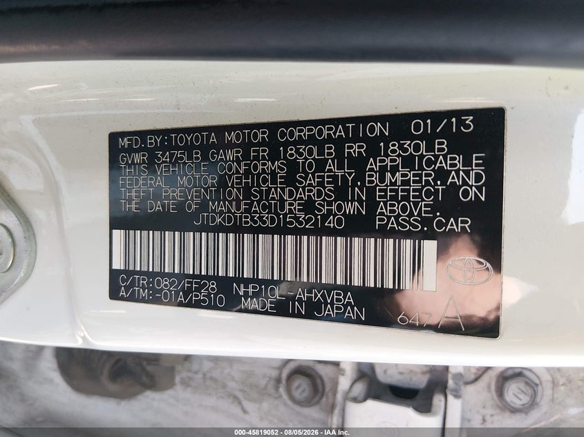 TOYOTA PRIUS C 2013 VIN JTDKDTB33D1532140