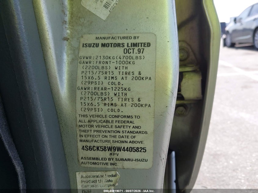 HONDA PASSPORT 1998 VIN 4S6CK58W9W4405825