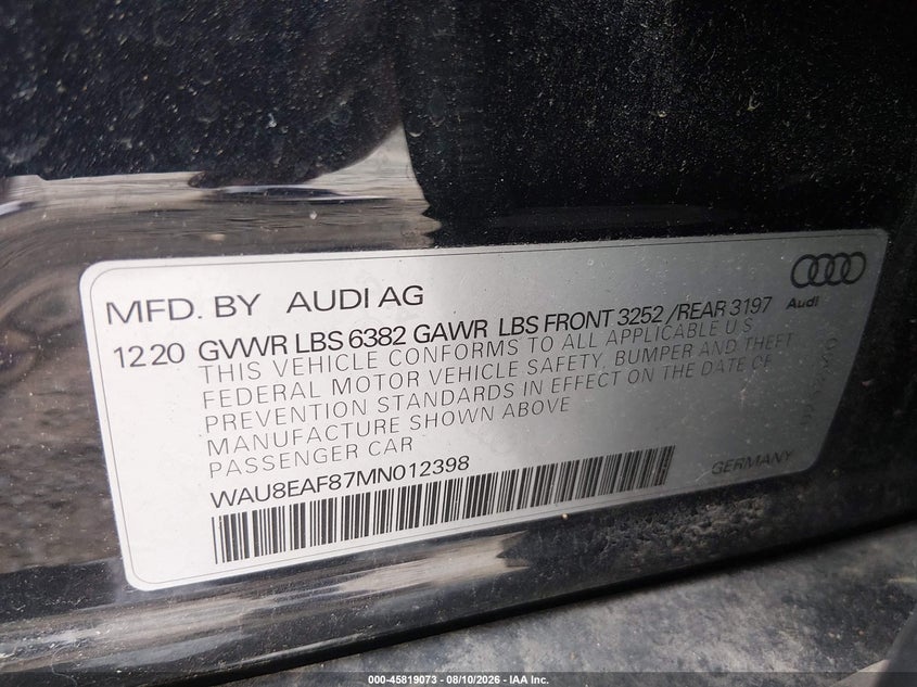 AUDI A8 L 2021 VIN WAU8EAF87MN012398