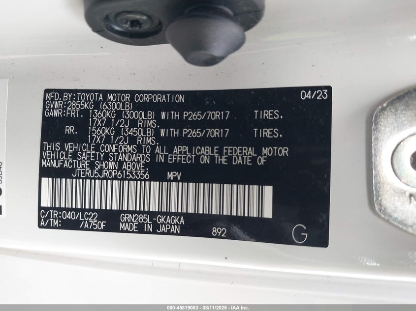 TOYOTA 4RUNNER 2023 VIN JTERU5JR0P6153356